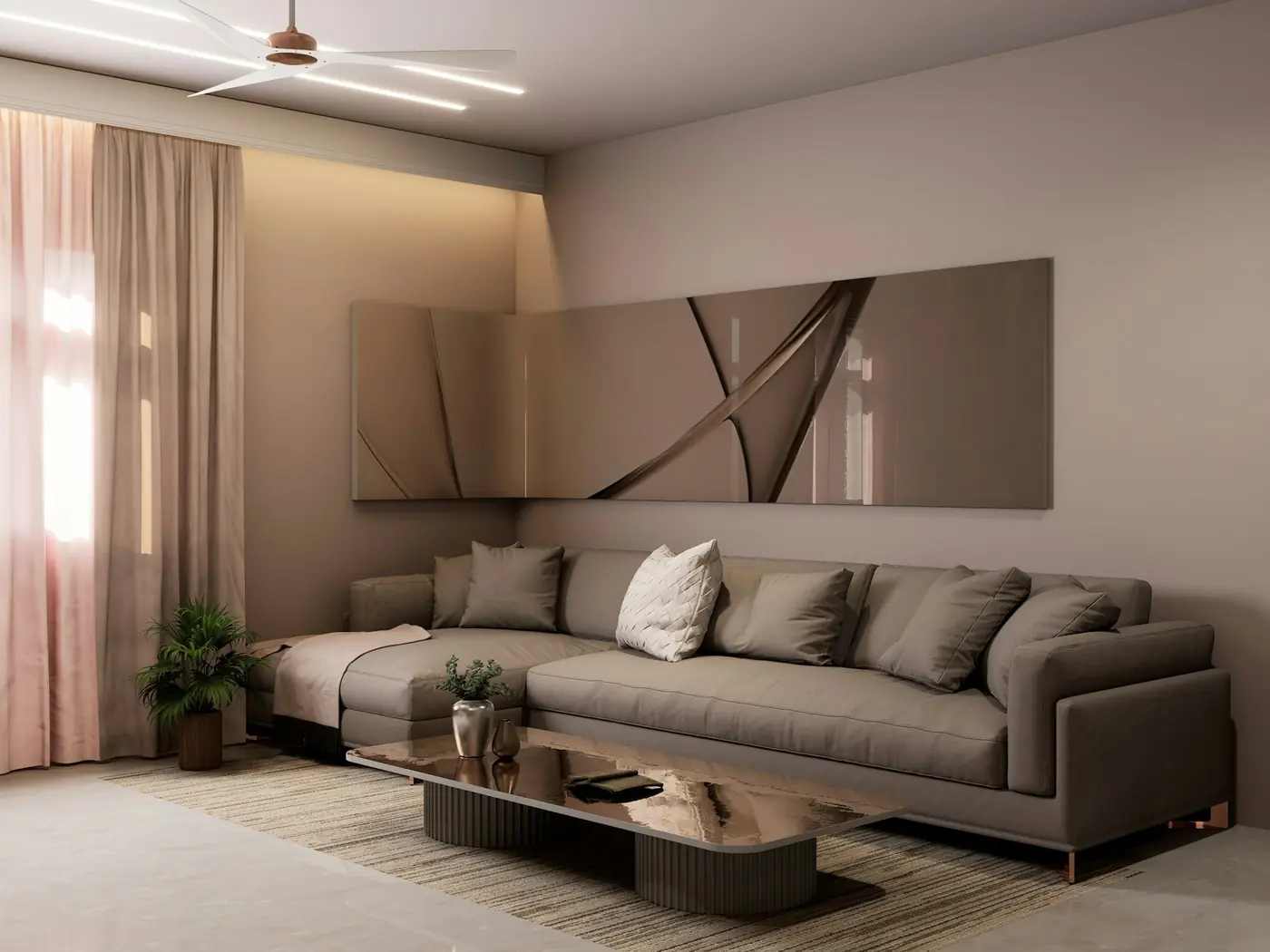 Neutralių tonų svetainė su sofa ir dienos šviesa